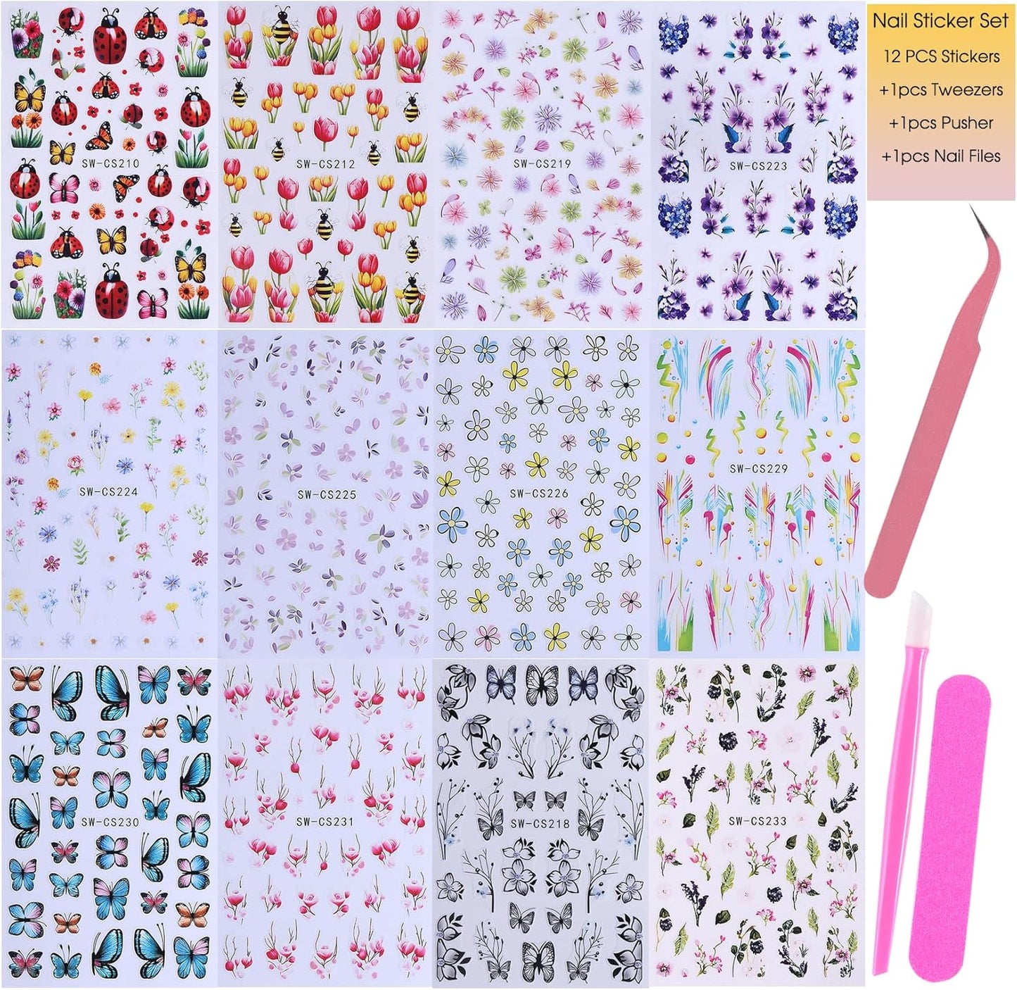 Flower Stickers Nail Art Decals 12PCS Summer Nail Art Designs with Tweezers Tulip Butterfly Leaf Florals Ladybug Decals 3D Self-Adhesive Manicure Simple Nail Stickers for Women Acrylic Nails Supplies