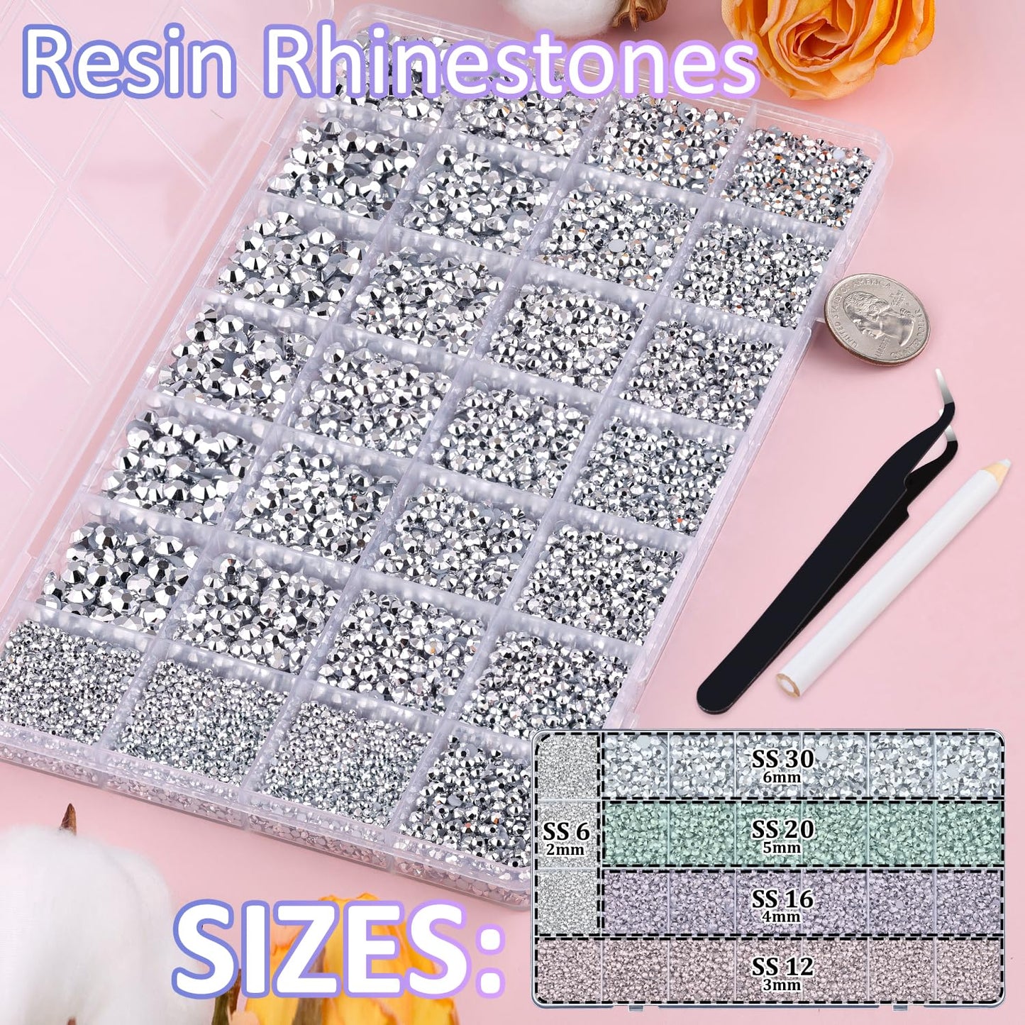 30000Pcs Resin Rhinestones for Bedazzling with Tweezers, Silver Rhinestones for Crafting with B7000 Jewelry Glue for DIY Crafts Clothing Tumblers Shoes Fabric Nail Art