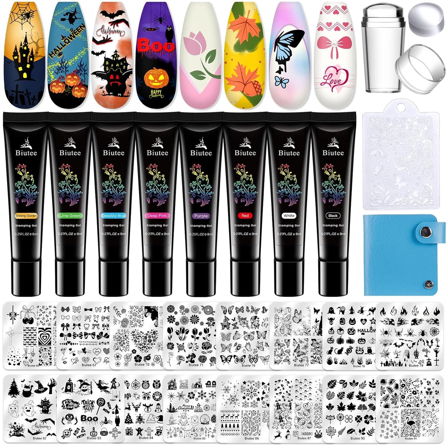 Biutee Nail Stamper Kit 16Pcs Nail Art Stamping Plate 8 Colors Stamp Polish Gel Silicone Stamper Scraper with Storage Bag, Nail Stamp Plates Love Flower Butterfly Leaf Template Halloween Design Gift
