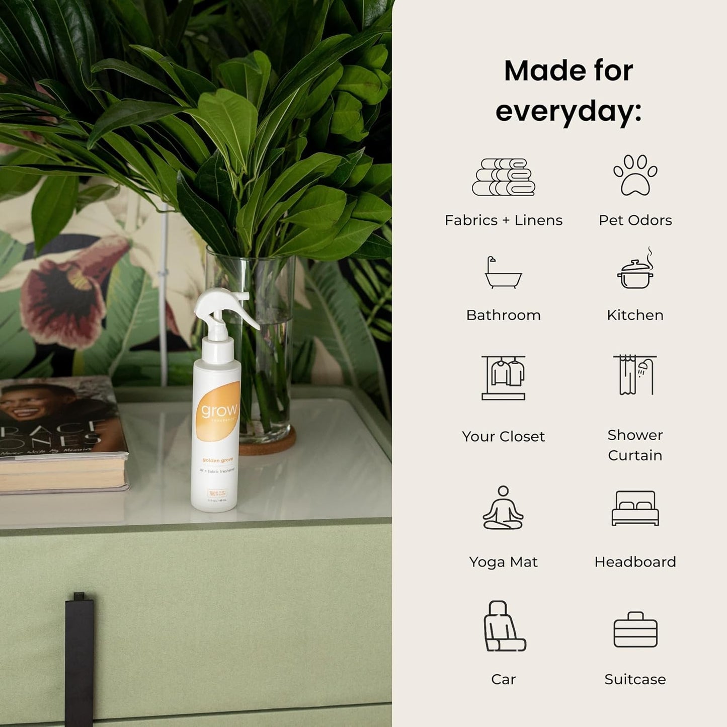 Grow Fragrance 100% Plant-Based Air Freshener Spray | Freshen Fabric & Rooms | Golden Grove Scent - Citrus, Fruits, Watery Green Notes | Made with Natural Essential Oils - 2 Pack, 5 oz each