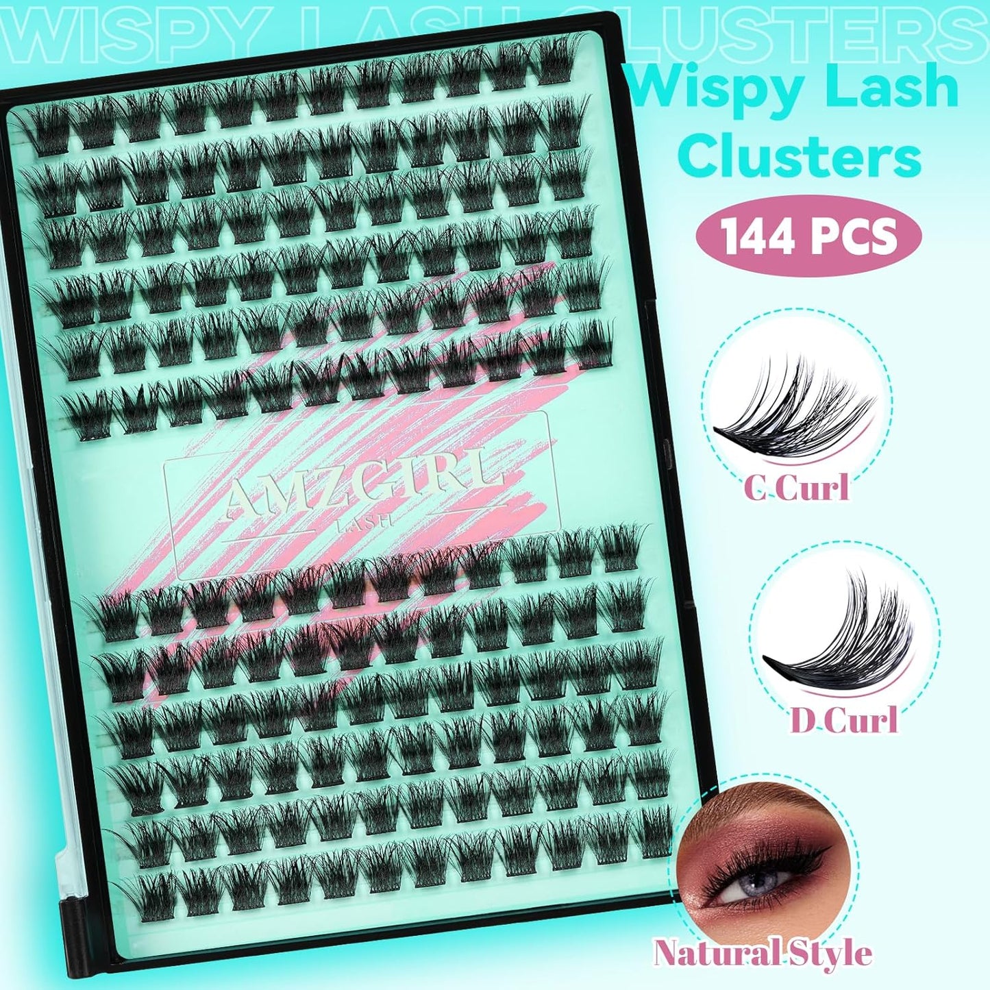 Wispy Lash Clusters Eyelash Extensions 144pcs Individual Lashes Cluster 16mm C Curl Fake Eyelash with Thin Band DIY Cluster Lashes At Home For Beginners (C-16mm)