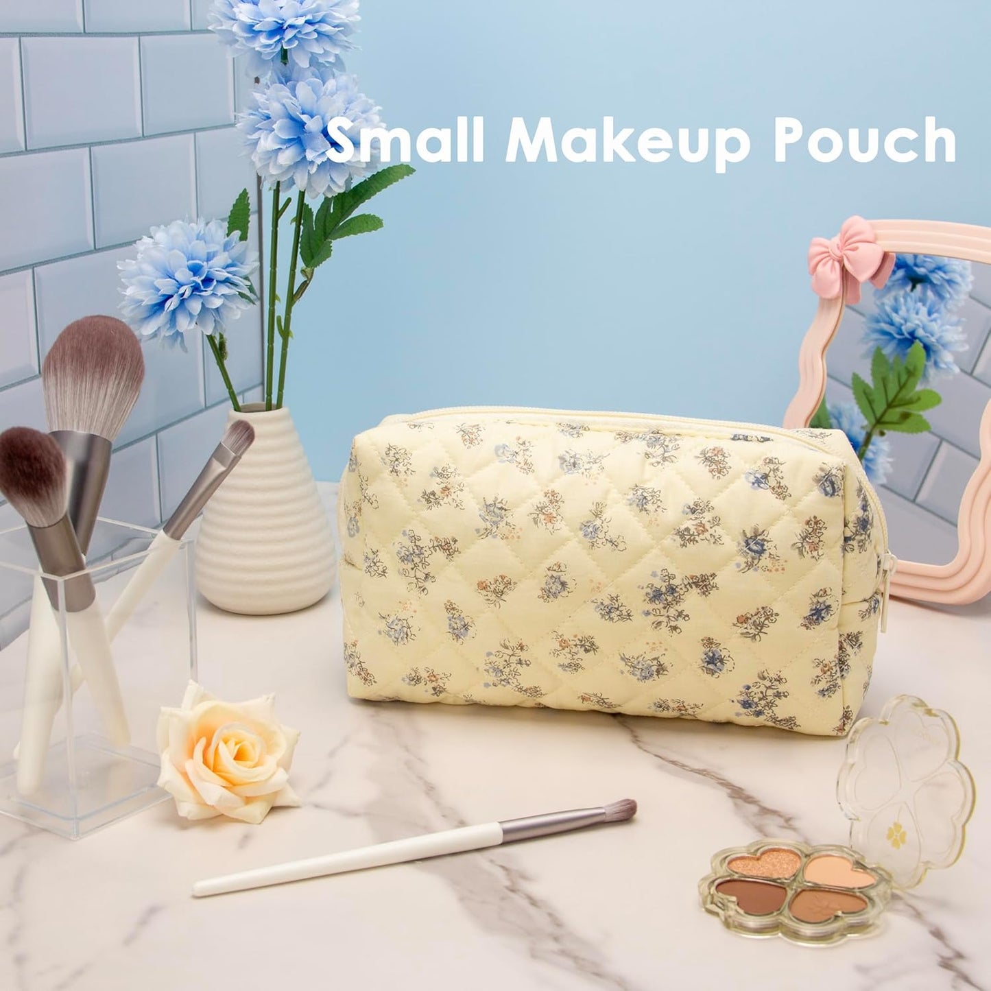 PAZIMIIK Vintage Quilted Makeup Bag Cosmetic Pouch for Brushes Pencils and Travel Make Up Accessories for Women and Girls Floral Blue