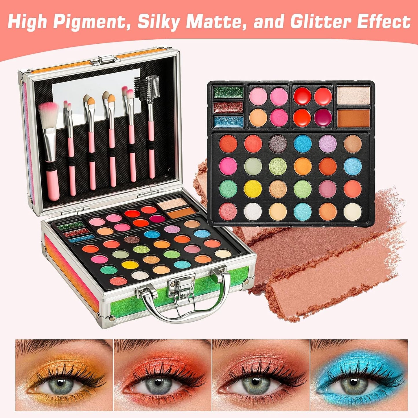 Anpro All-In-One Makeup Carry Case with Pro Teen Makeup Set, Full Starter Cosmetics Kit with Makeup Brushes, Eye Shadows Palette, Blushes, Glitter Gel, Temporary Tattoo Stickers