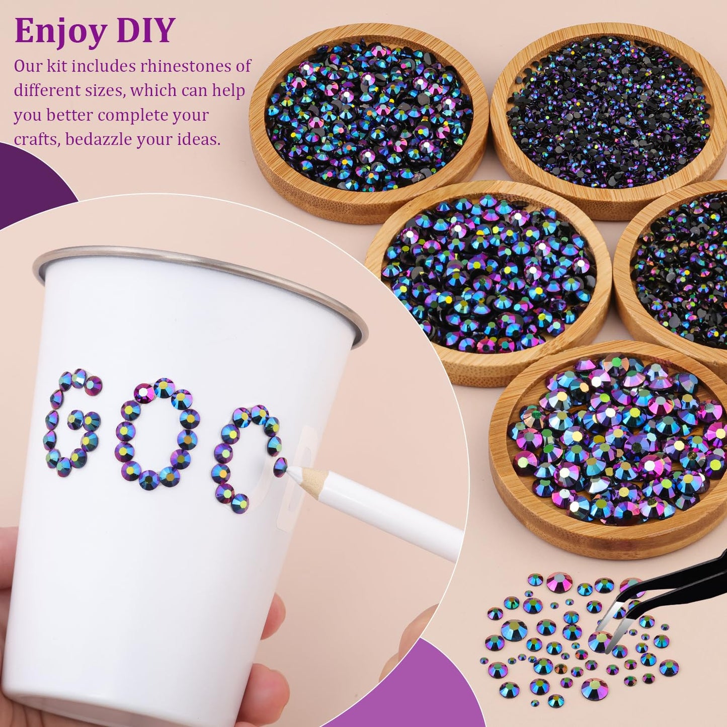 Resin Jelly Rhinestones for Crafting with B7000 Jewelry Glue, 2 Boxes Purplish Black AB Flatback Crystals with 3Pcs 10ml Glue, Bedazzling Non Hotfix Gems for DIY Tumblers Clothing Shoes Manicure