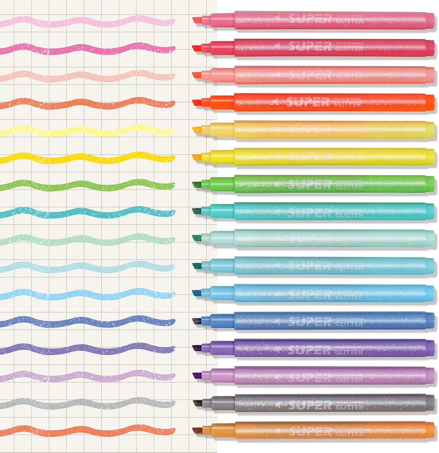 Glitter Highlighter Markers, 16-Count, Chisel Tip Glitter Highlighters Assorted Colors, Tween Teen Girl Gifts Trendy Stuff, Sparkly Marker Pens for Kids Adult Coloring Journaling Art Supplies