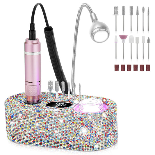 Nail Drill Electric File: DEDNMSCA Sparkly Professional Nail Drill Kit, 40000RPM E-file Machine with USB LED Light and 12 Drill Bits for Acrylic Nail Remove Gel Polish Manicure for Salon Home, Diamond