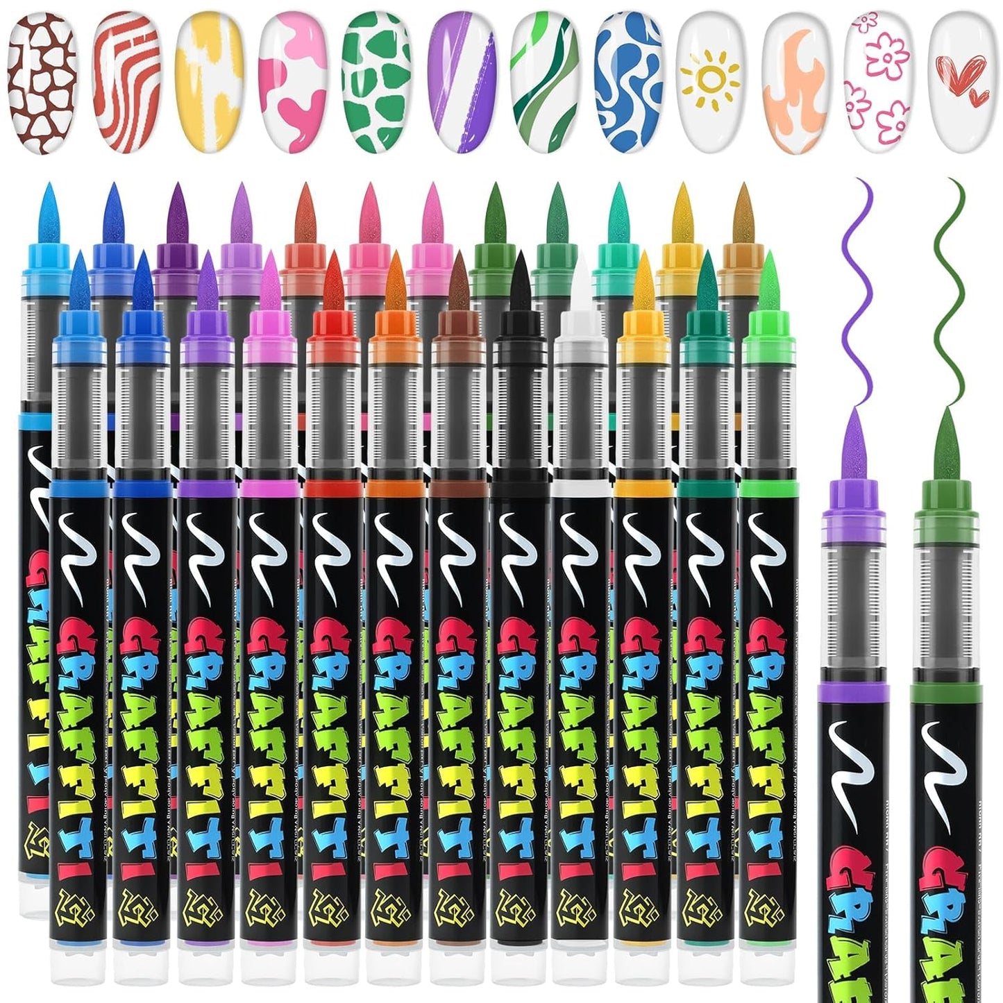 EBANKU 24 Colors Nail Art Pens Quick Drying, 3D Soft-Tip Nail Polish Pens Acrylic Paint Nail Pens for Nail Art Color-fast Nail Point Dotting Liner Pen Sets for Home & Salon Nail DIY Art Design Tools