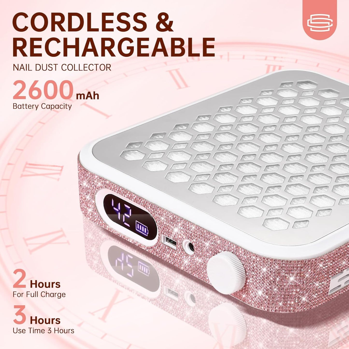 Nail Dust Collector, Rechargeable Dust Collector Nail Tech, Powerful Vacuum Fan Vent Dust Collector Extractor Dust Suction Machine for Acrylic Nails Polishing, Nail Salon&Home, Pink