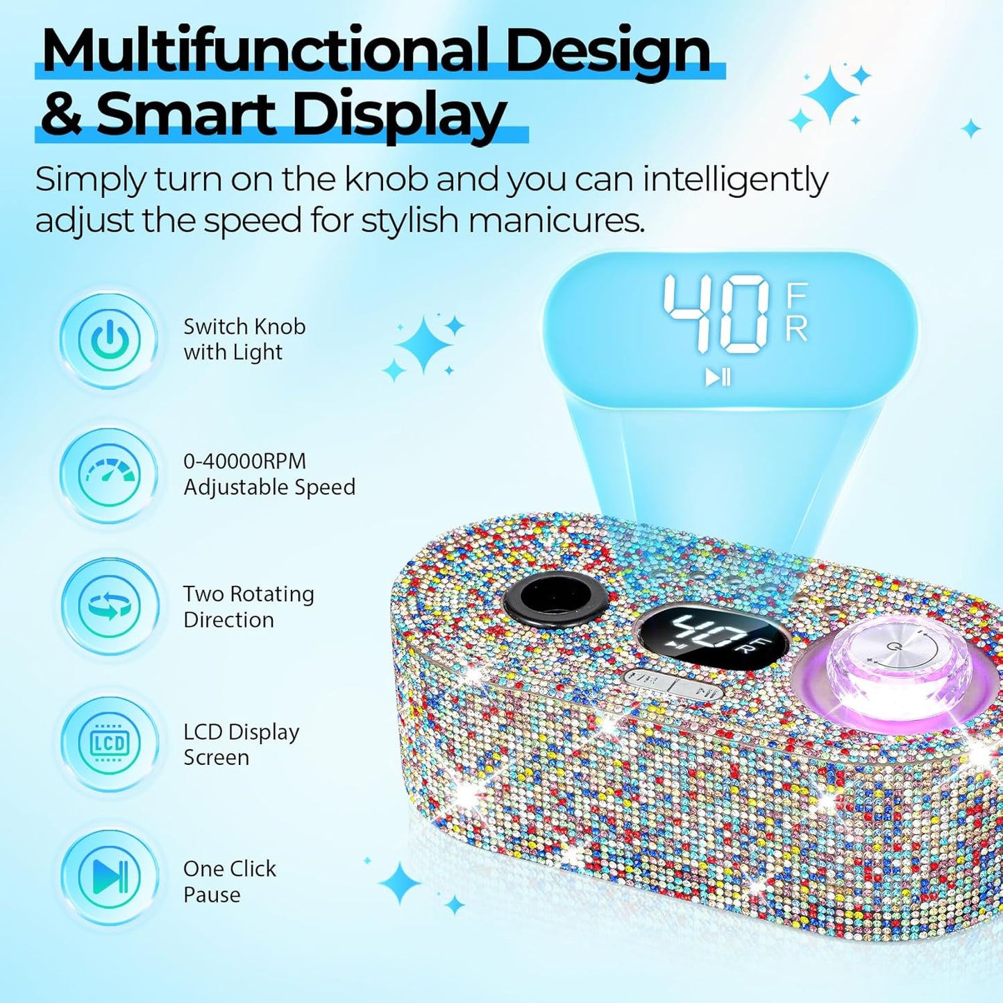 Electric Nail Drill Professional: Shiny 40000RPM Electric Nail File Kit E File Nail Drill Machine with LCD Display for Acrylic Gel, Manicure Pedicure Polishing Grinder for Salon Home, Diamond