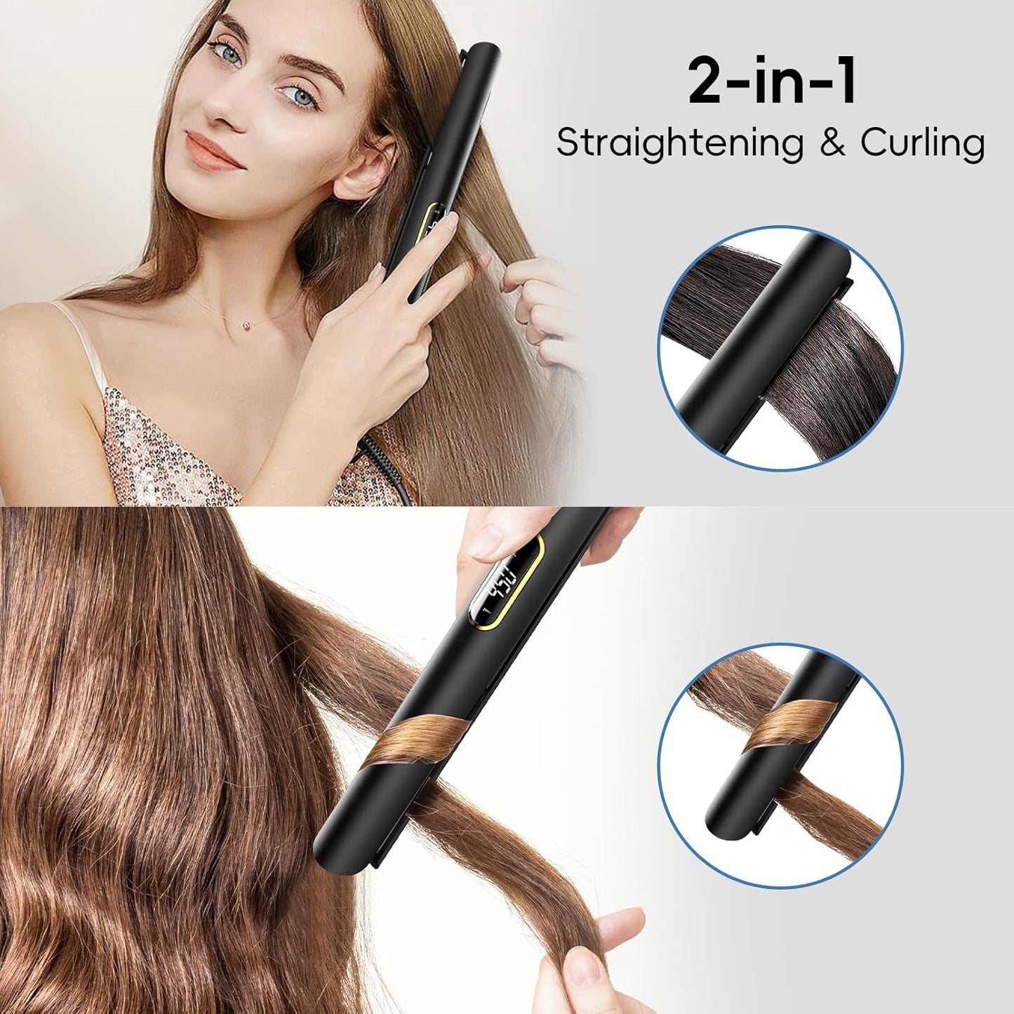 Nicebay Hair Straightener and Curler Fast Heating Titanium Iron with 5 Temp Settings and Negative Ion Technology, Travel-Friendly