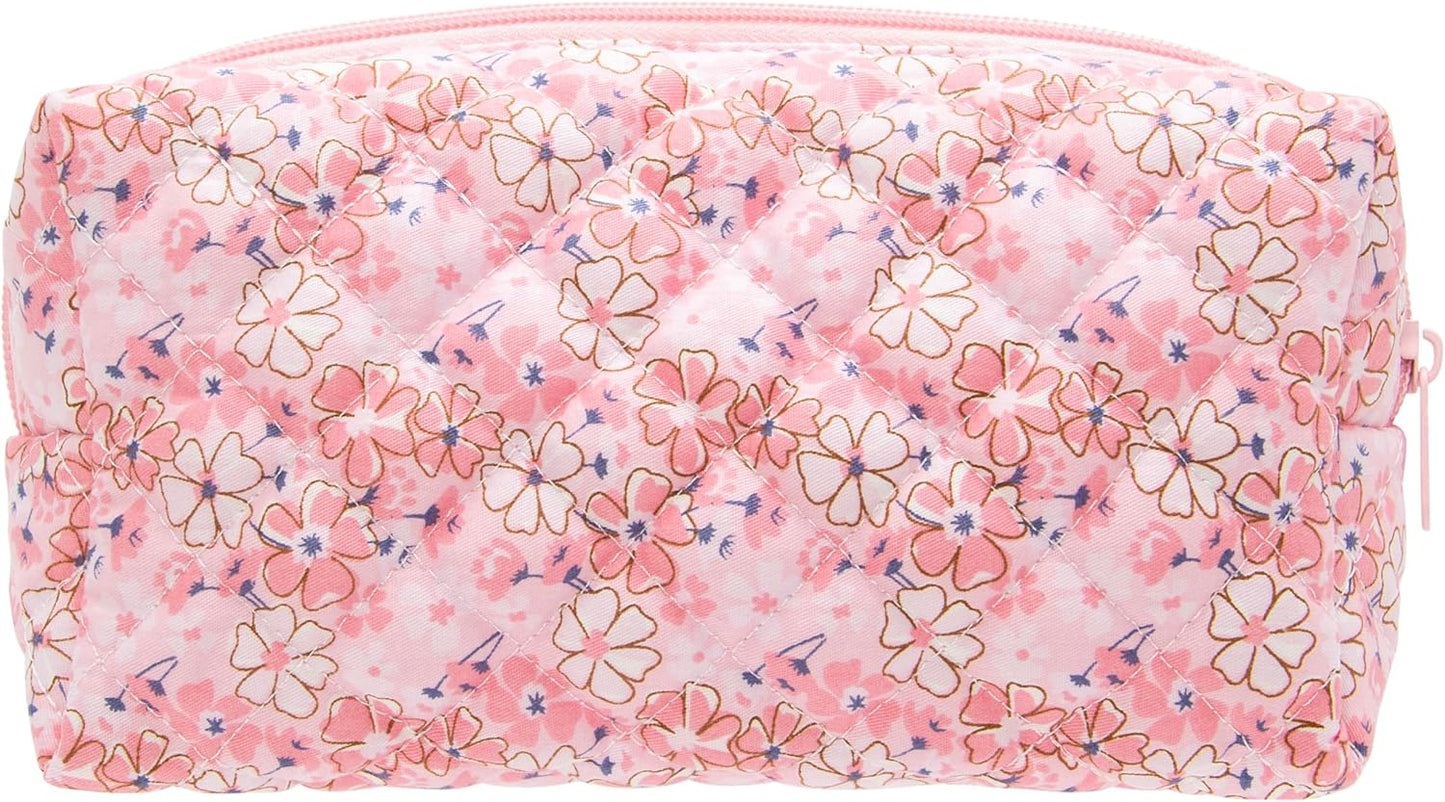 PAZIMIIK Vintage Quilted Makeup Bag Cosmetic Pouch for Brushes Pencils and Travel Make Up Accessories for Women and Girls Floral Pink