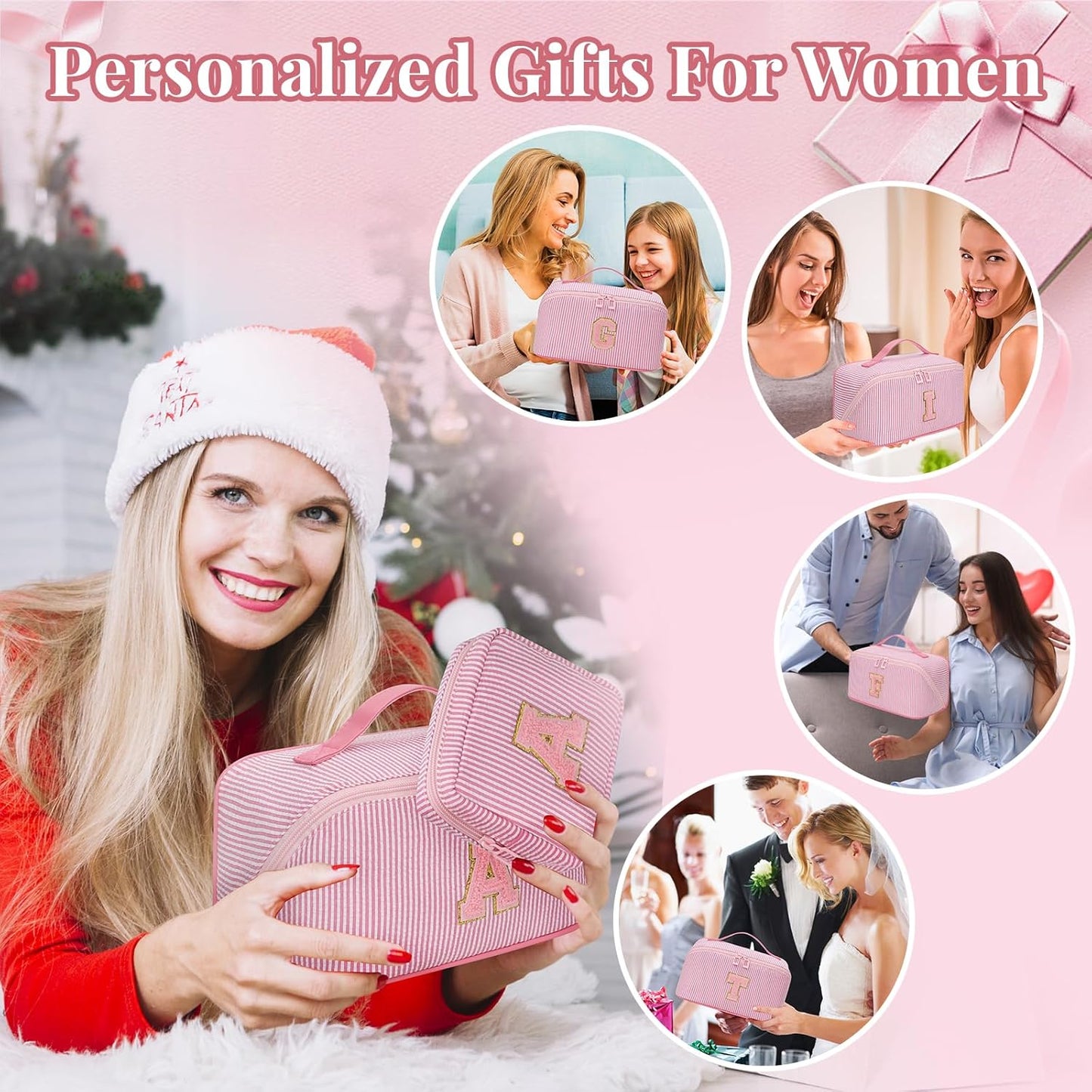 Travel Makeup Bag for Women, 2Pcs Portable Personalized Initial Makeup Organizer Bag, Open Flat Large Cosmetic Bag With Travel Essential Pouch (Pink Letter A)