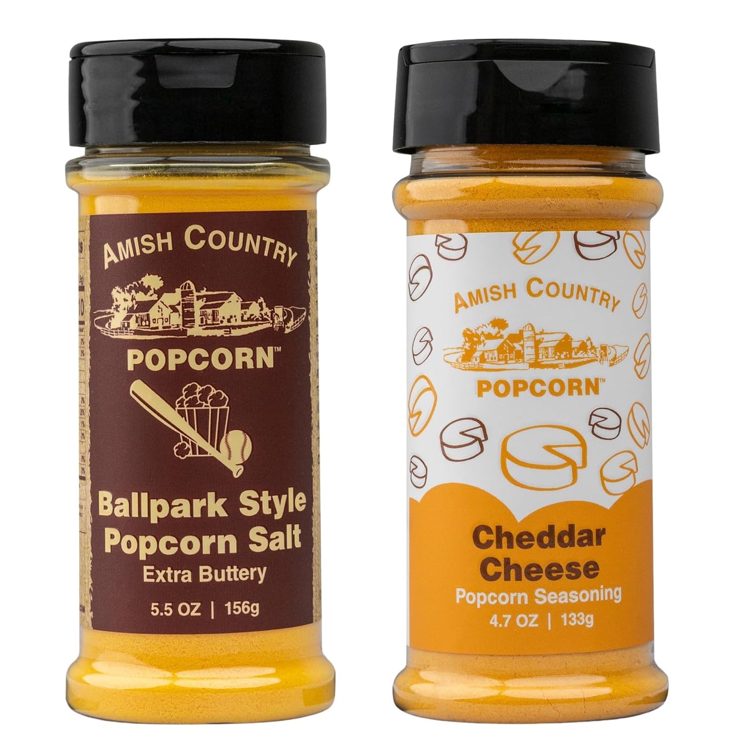 Amish Country Popcorn | Seasoning Variety Pack | BallPark Style ButterSalt - 5.5 oz & Cheddar Cheese - 4.7 oz Popcorn Seasoning | Old Fashioned, Non-GMO and Gluten Free