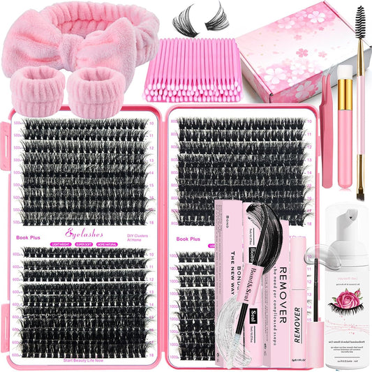 DIY Lash Extension Kit 684Pcs D Curl 10-18mm Lashes Clusters with Lash Shampoo Lash Bond and Seal Glue Remover Cleansing Brush Headband Wristband Tweezers Eyelash Brush Applicator