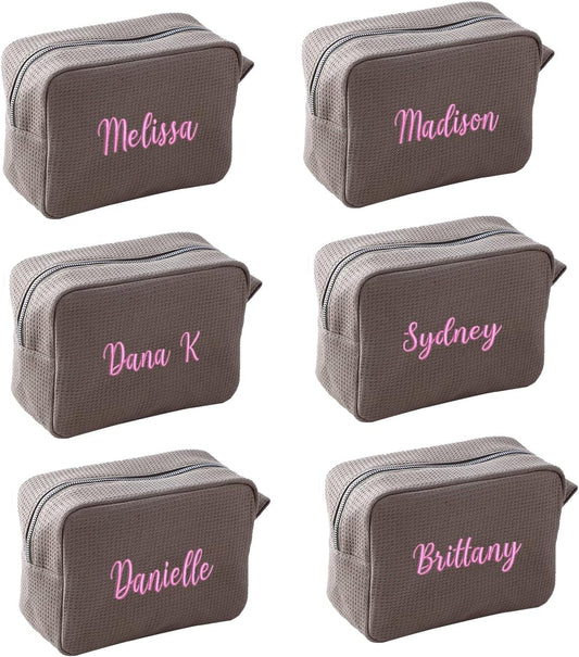Personalized Embroidered Makeup Bag,Custom Waffle Fabric Cosmetic Pouch for Women, Travel Makeup Pouch (6, Gray)