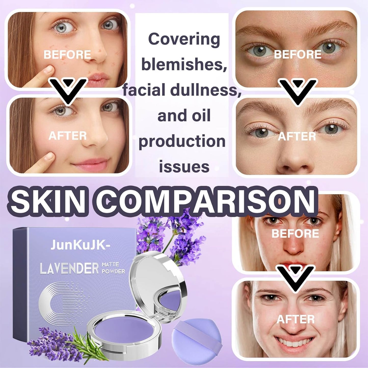 Lavender Matte Powder,Long Lasting Oil Control Lavender Setting Powder Makeup with Mini Powder Puff,Hydrating Travel Size Mini Setting Compact Powder for All Skin Types