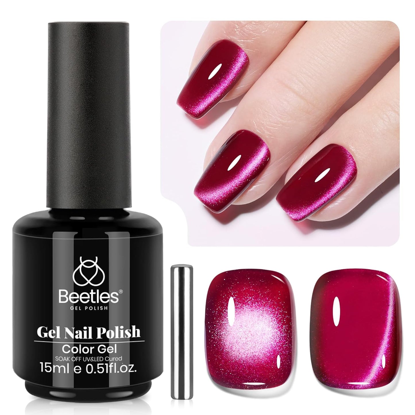 Beetles Red Cat Eye Gel Nail Polish - 15ML Cherry Red Glass Cat Eye Magnetic Glitter Gel Polish with Pink Powder Sheer Gel Soak Off UV Cherry Shimmer Collection Nail Art Design Manicure Gift for Women