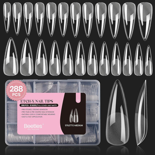 Beetles Gel Nail Tips Etch-X, Stiletto Medium, 288Pcs 12 Sizes, Pre-Etched Half Matte Full Cover Soft Acrylic False Nail Tips Pre-Shaped Easy DIY Fall Halloween Nail Extension Salon Gift for Women