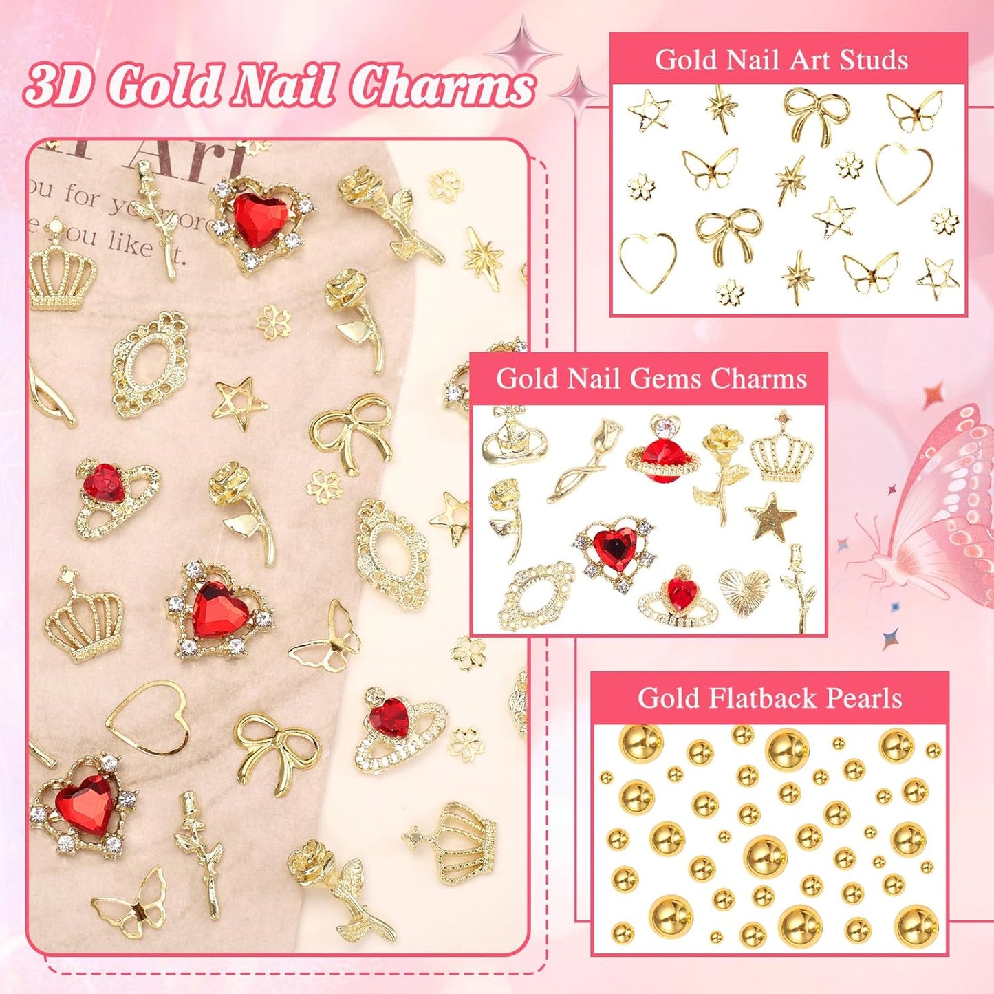 2 Boxes Metal Gold Nail Charms and Gems, 3D Alloy Crown Heart Planet Nail Gems Charms, Golden Bows Star Nail Studs, Gold Pearls Beads for Nails Art Designs DIY Accessories