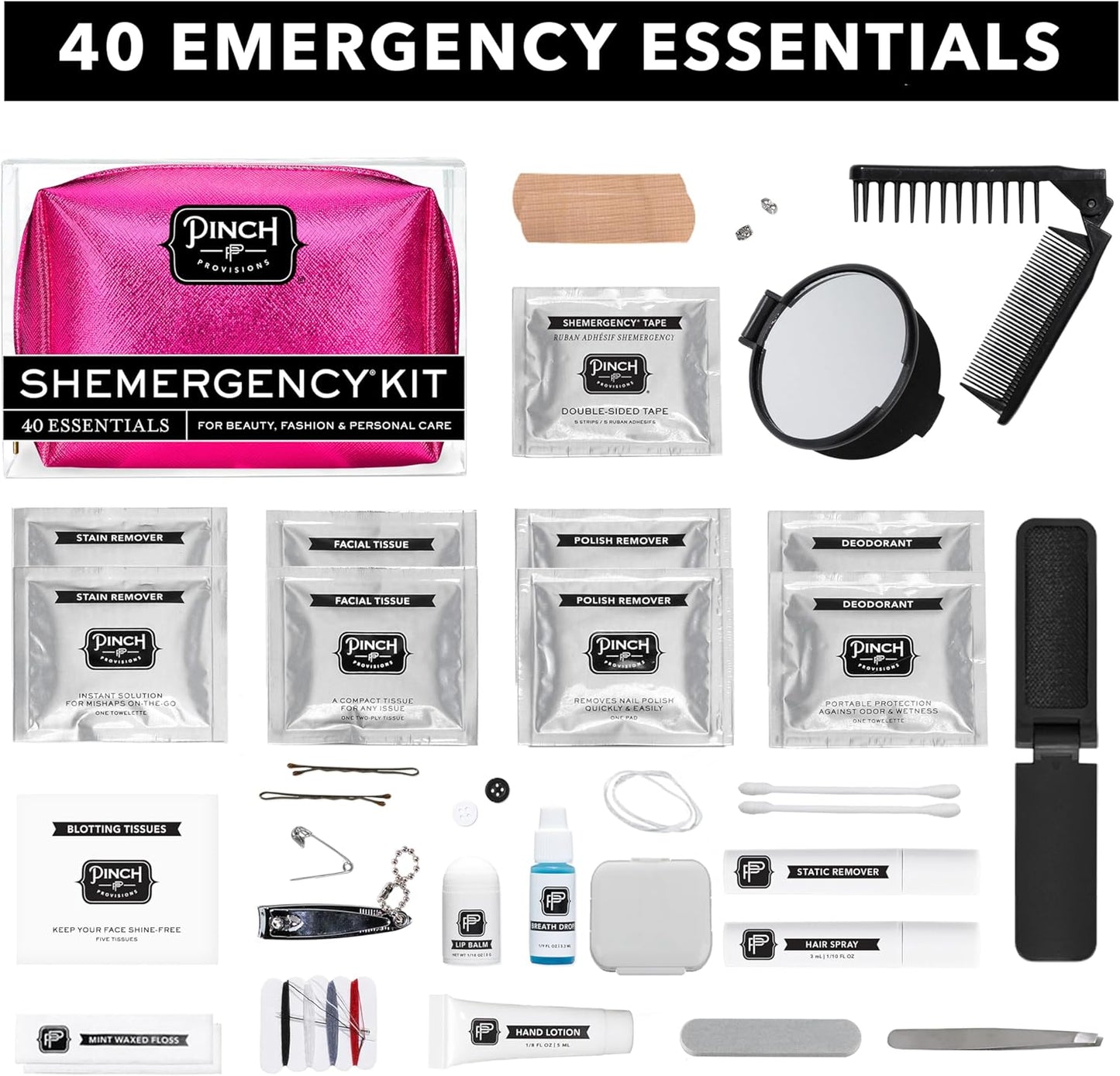 Pinch Provisions Shemergency Kit for Her, 40 Emergency Essential Items, Compact, Multi-Functional Pouch, Gift for Women, Birthday, Bachelorette Parties, and More!