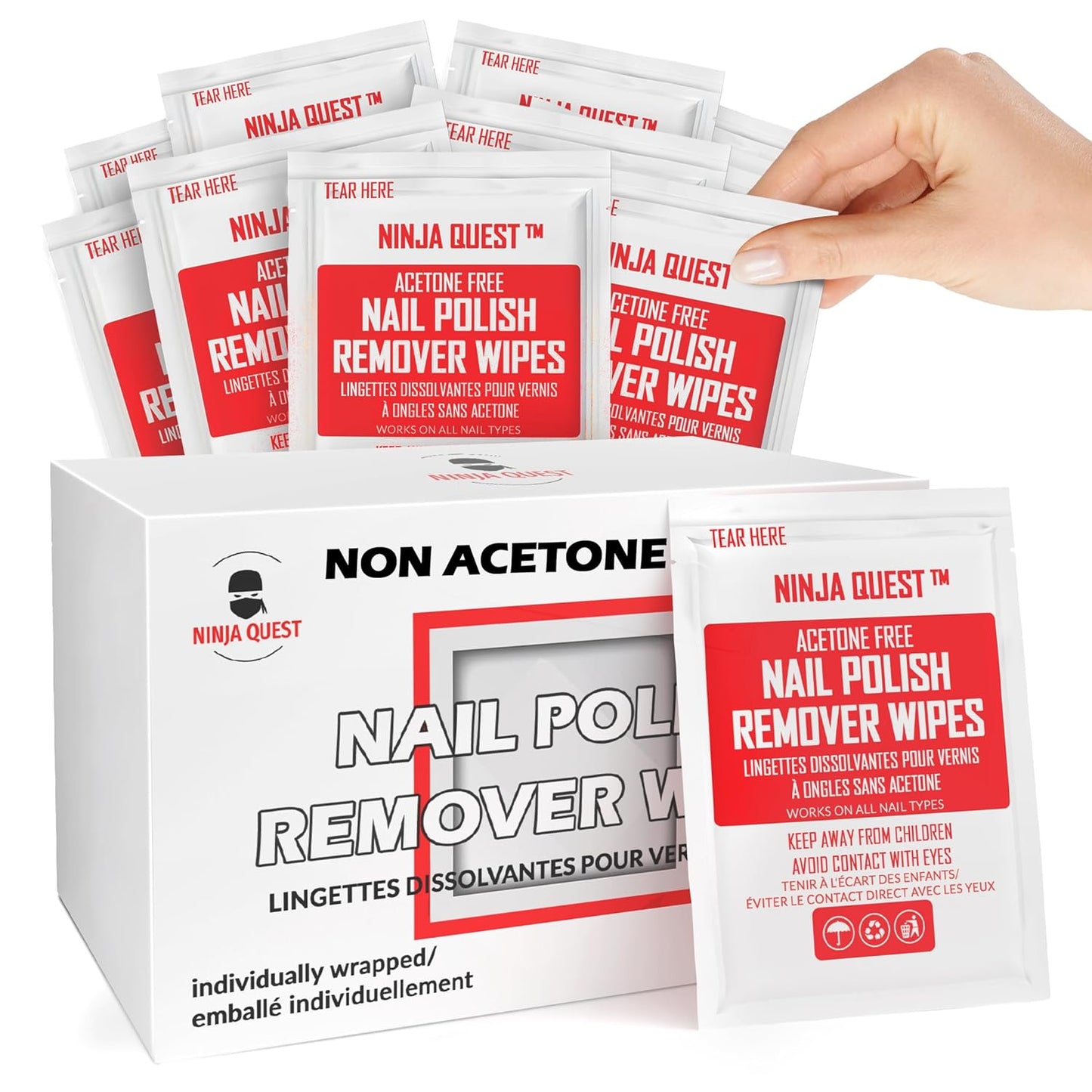 Nail Polish Remover Pads - 100% Non-Acetone - 50 Pack Bulk Set - Individually Wrapped - Quick Nail Polish Remover Wipes - Fingernail Travel Kit to Clear Nail Polish for Home & Professional Removal