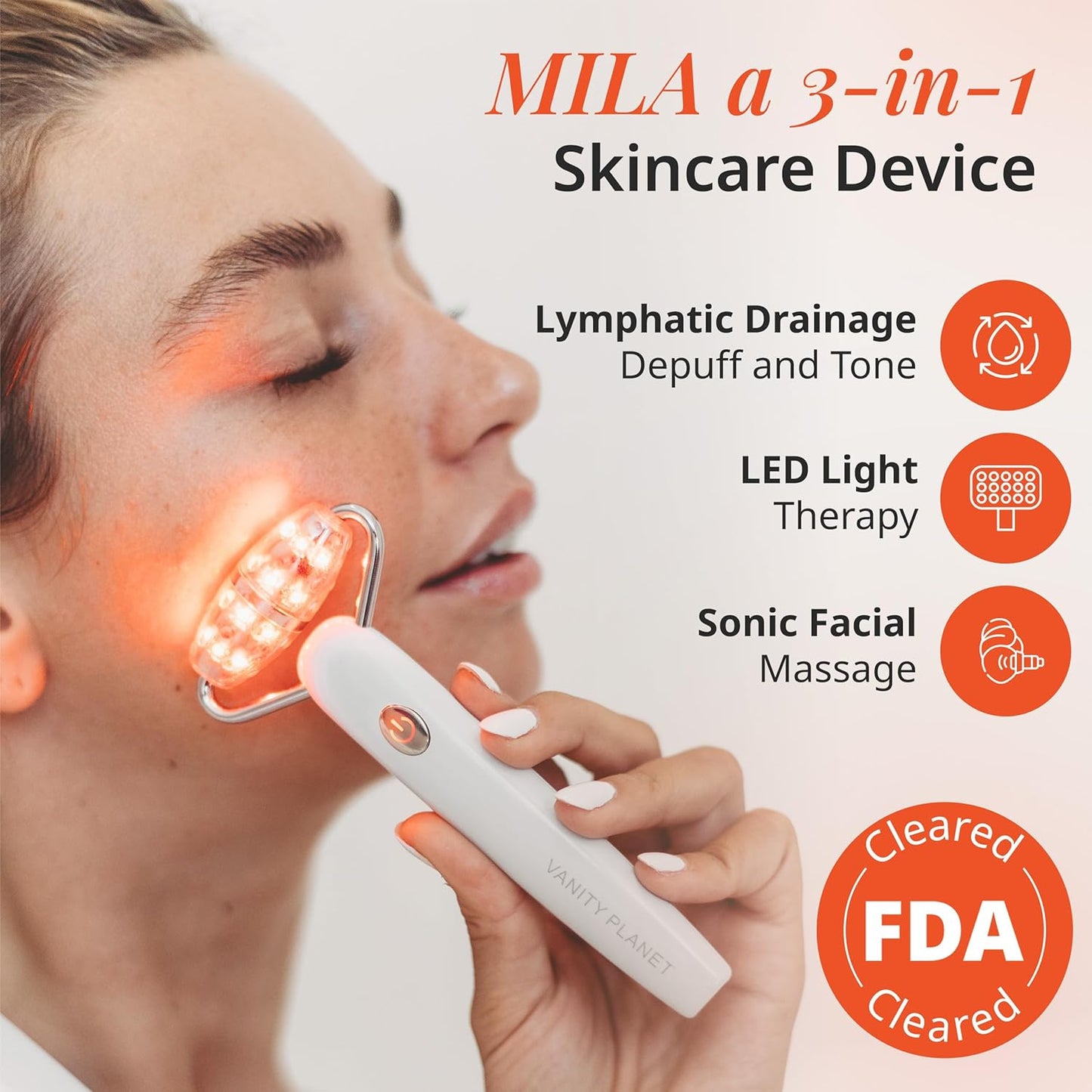 Vanity Planet Mila Contour & Define LED Facial Roller - 3-in-1 Skin Massager with Cooling, Sonic Vibration & Red Light - Ergonomic Anti-Aging Face Tool for Firming & Relaxation