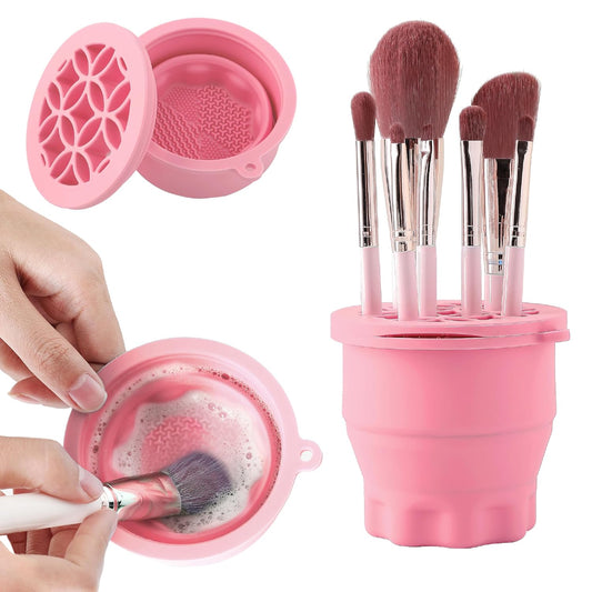 Makeup Brush Cleaner - Foldable Silicone Makeup Brush Cleaner Mat with Brush Storage Holder Makeup Brush Cleaning Bowl Cosmetic Brush Washing Tool for Cleaning Organizer and Drying (Pink)
