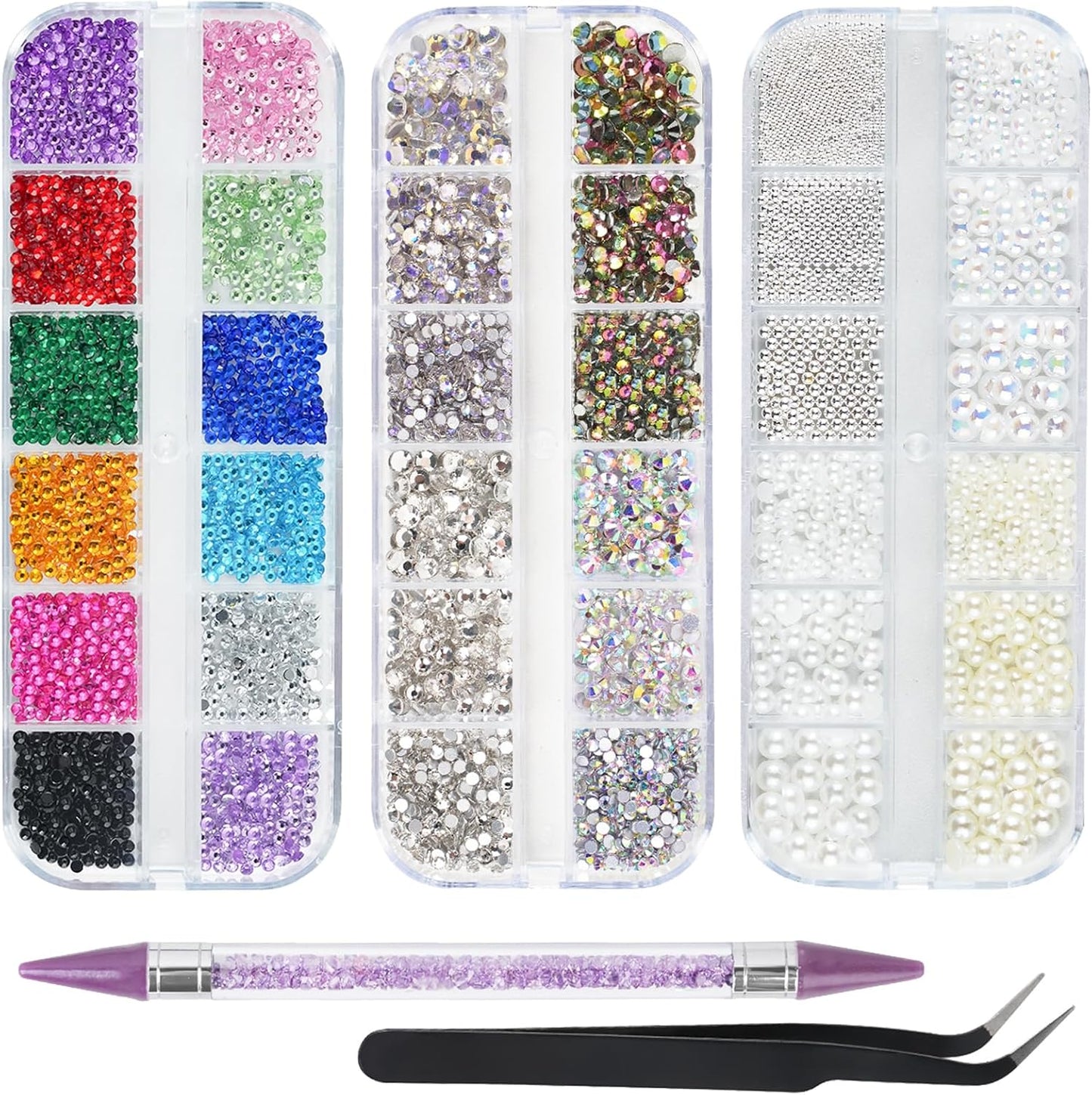5200PCS Nail Gems and Charms, AB Crystal Nail Rhinestones with Flatback Nail Pearls, Pick Up Tweezers, Rhinestone Picker Tool, Flat Back Nail Gems for Nail Art, Clothes, Face, Craft