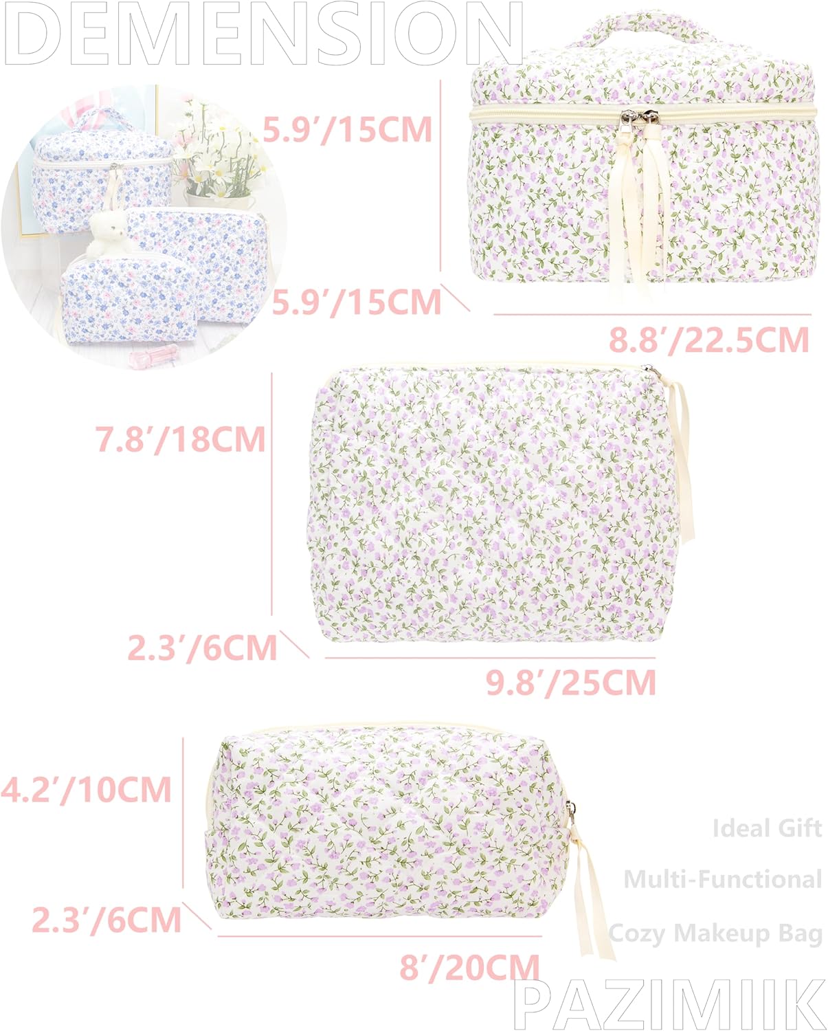 PAZIMIIK 3PCS Makeup Bag SET Large Travel Quilted Zipper Soft Cosmetic Case Pouch for Women Girls Make Up,Floral Purple