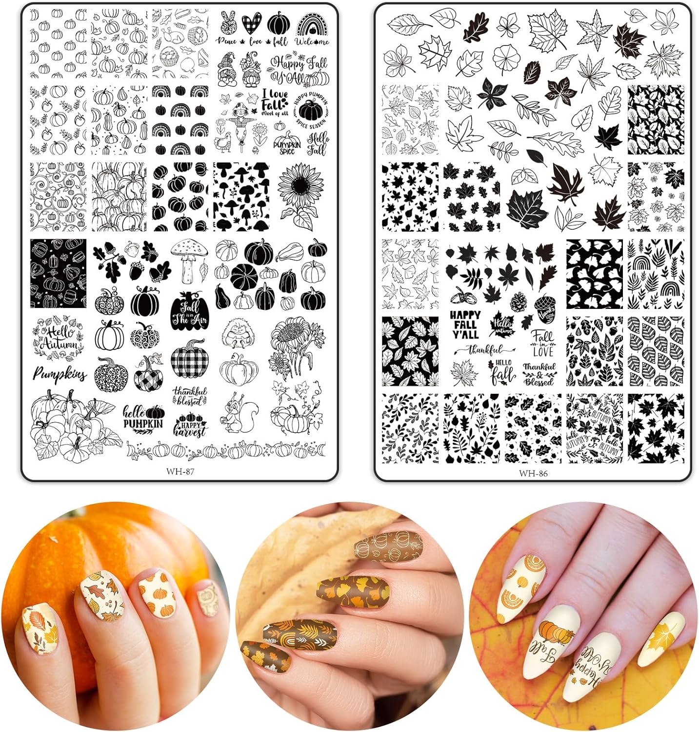 2 Sheet Fall Thanksgiving Nail Art Stamping Plate Kit Assorted Pumpkins Maple Leaves Autumn Blessing Collection Nail Art Plate for Holiday DIY Print Manicure Salon, 5.7 x 3.7inch