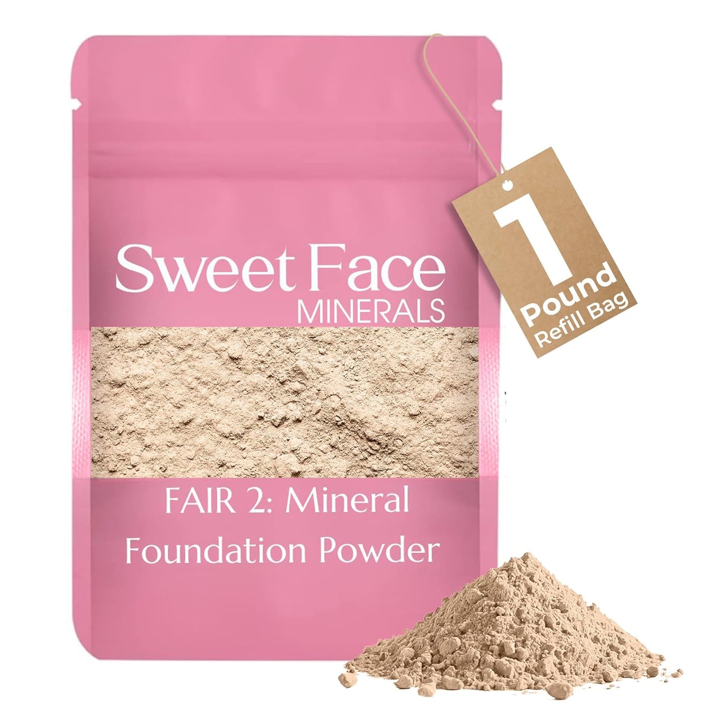 Foundation Refill (Fair Shade 2)(1 Pound Bag) By Sweet Face Minerals, Lightweight Mineral Loose Makeup Powder with SPF 20, Full Coverage Flawless Finish, Talc-free, Cruelty-Free, Refillable Pouch
