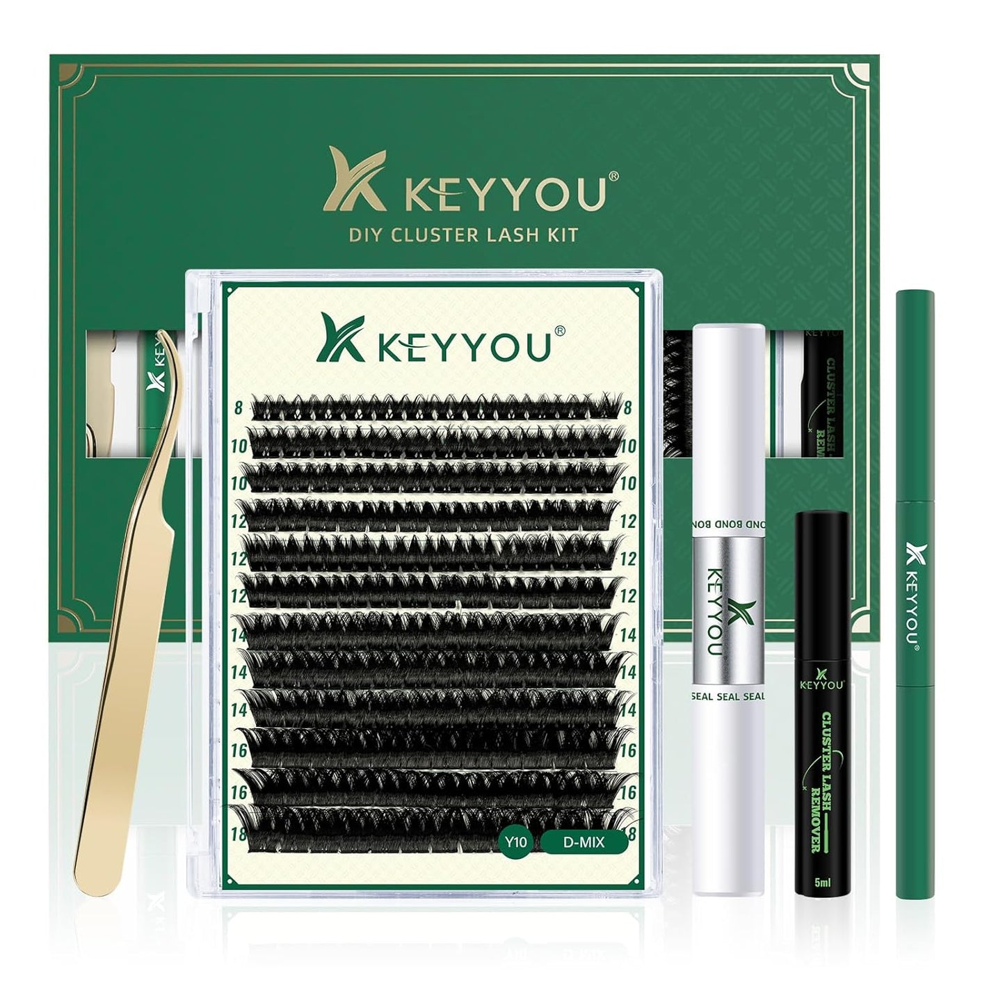 DIY Lash Extension Kit 144pcs 8-18MIX Lash Clusters with Super Hold Mascara Brush Bond and Seal Lash Remover Lash Applicators Lash Brush for KEYYOU DIY Lash Kit (Y10 Kit)