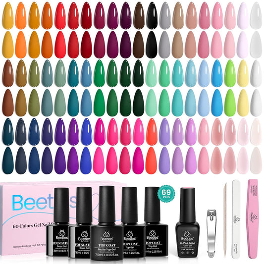 Beetles Fall Gel Nail Polish Set - 69PCS 60 Colors Gel Polish Kit Base Coat Glossy & Matte Top Coat Soak off Emotional Spectrum Collection Brown Red Black Nude White All Seasons Gifts for Women