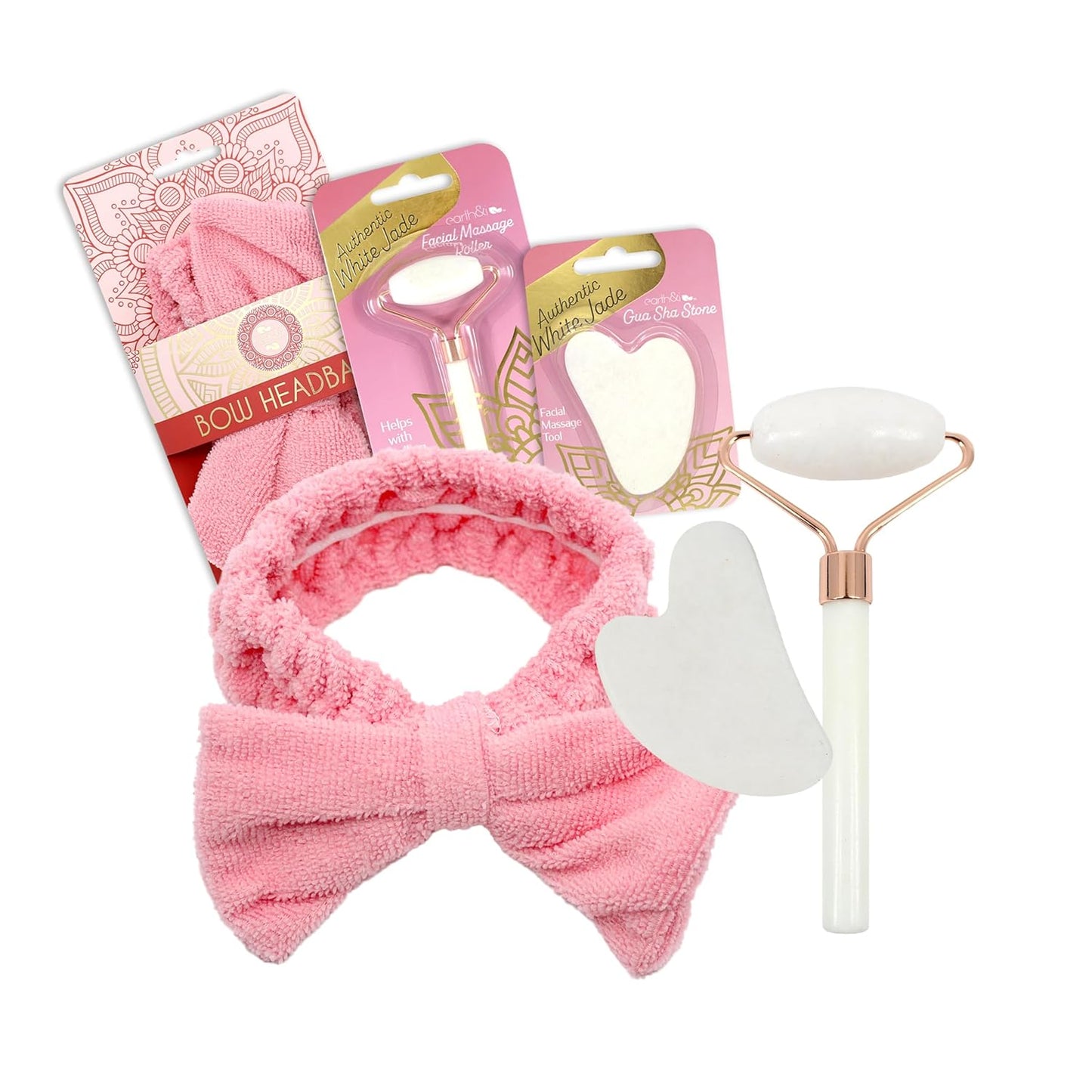 Earth & I Fuzzy headband White Jade Roller & Face Guasha Set 3pc, At Home Spa Essentials, Women Self Care, Face Tool for Lymphatic Drainage, Gua Sha Roller, Gusha, Spa Accessories for Women