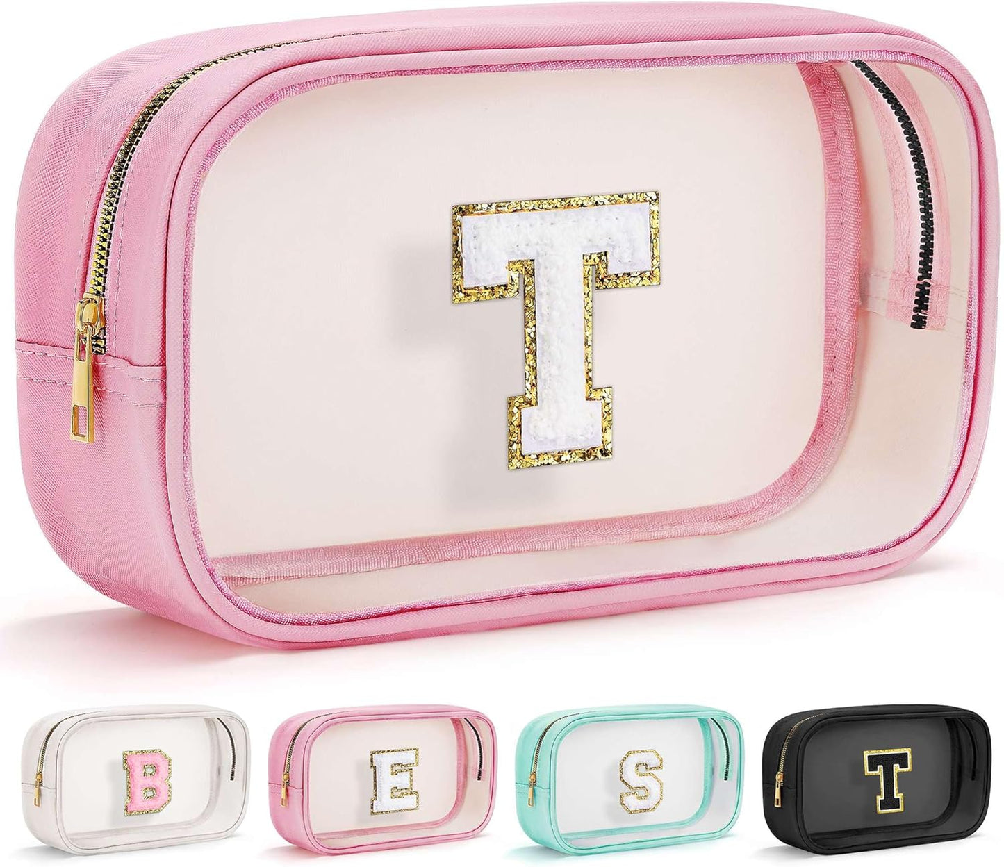 YOOLIFE Travel Toiletry Bag for Women, Pink Clear Makeup Bag Cute Make Up Bag for Women Cosmetic Bags Skin Care Makeup Bag Organizer Birthday Gifts for Women Teacher Mother Girlfriend Initial T