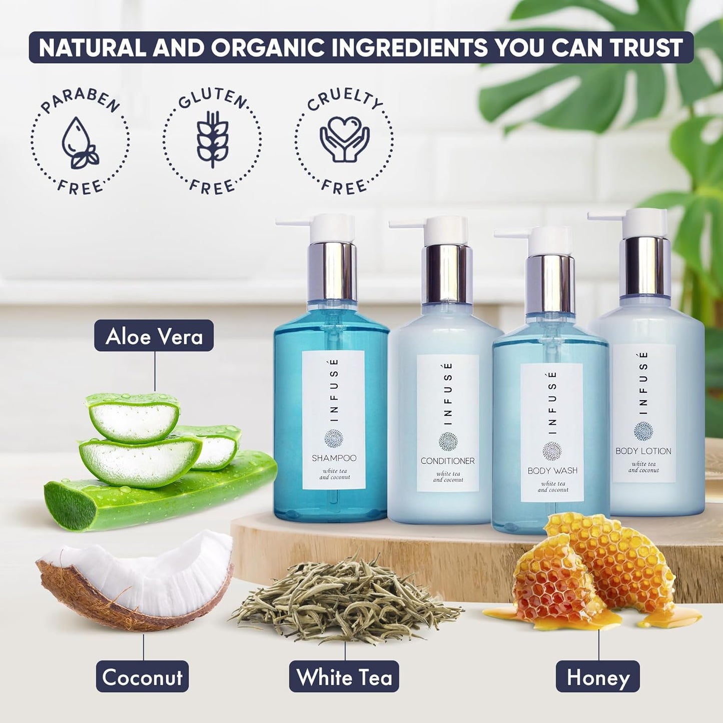 A 20 Piece Ecobox All-In-Kit of our Infuse | White Tea and Coconut Soap | 6 Shampoo, 4 Conditioner, 6 Body Wash & 4 Lotion | 10.14 oz Hotel Soaps and Toiletries Bulk | Personal Care Products