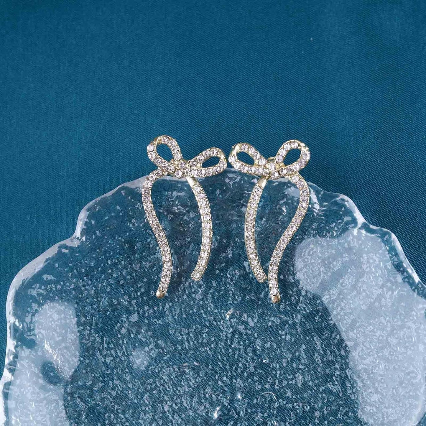 Vintage Crystal Bow Earrings Rhinestone Bow Drop Earrings Long Cz Rhinestone Earrings Gold Bow Cz Stud Earrings Jewelry for Women