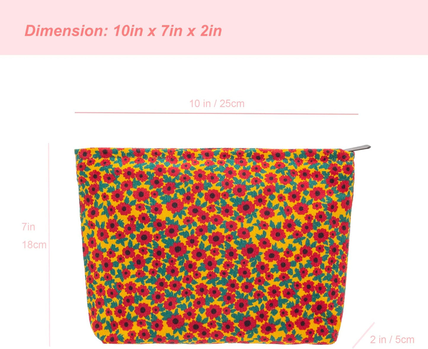 PAZIMIIK Makeup Bag Large Zipper Corduroy Make Up Pouch for Purse Travel Canvas Cosmetic Organizer for Women Brush Storage,Floral Red