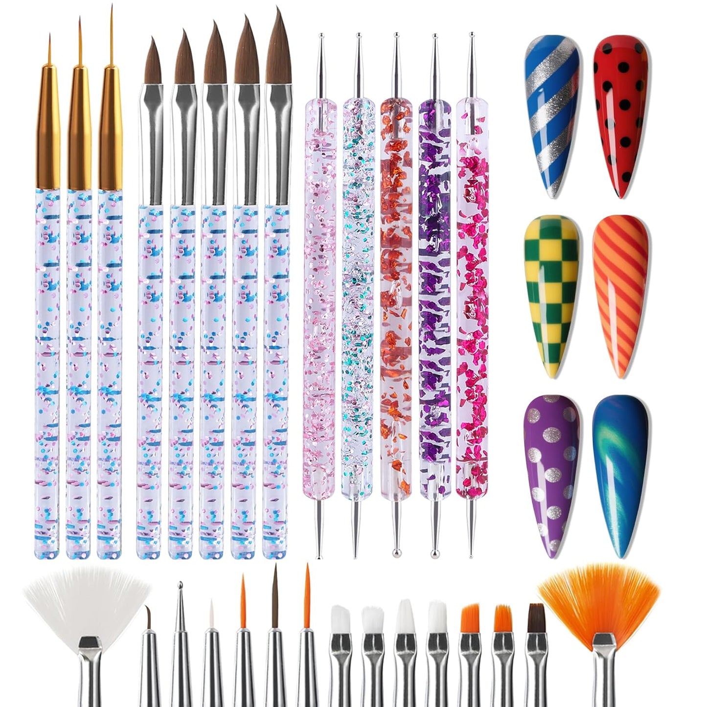 Artdone 28pcs Nail Art Brushes, Nail Art Tool Set, Dotting Tools, Dust Brush,Striping Brushes for Long Lines, Drawing Pen For Gel Polish Design supply