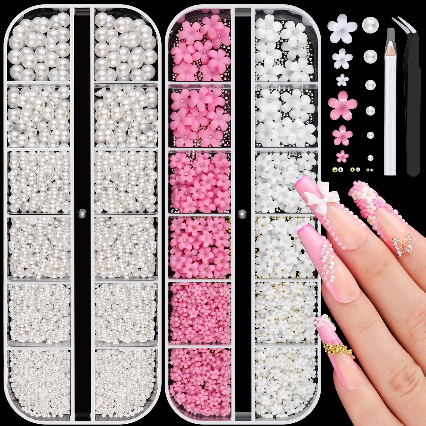 Flatback Pearls (White) and 3D Flowers for Nail Art, Pearl Nail Charms and Nail Flowers Blossom with Small Round Caviar Nail Beads Nail Accessories for Acrylic Nail Tips Manicure Decor