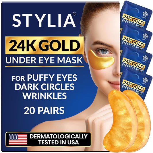 Stylia Under Eye Patches for Puffy Eyes and Dark Circles (20 Pairs) - 24k Gold Under Eye Mask with Vitamin C, Hyaluronic Acid, Pearl Extract - Eye Masks for Dark Circles and Puffiness