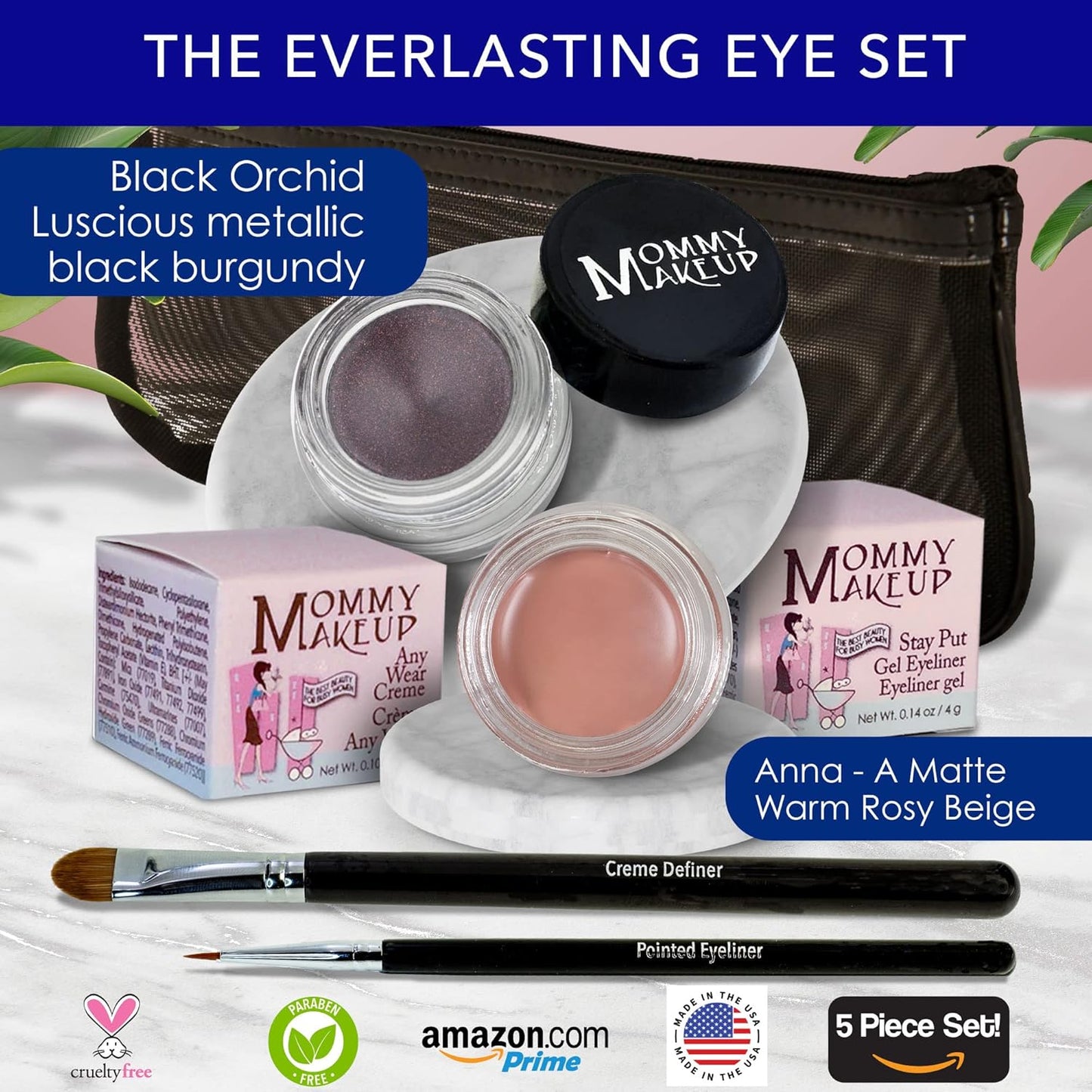 The Everlasting Eye 5 Piece Waterproof Makeup Set. Gel Eyeliner, Creme Eyeshadow, 2 brushes and Mesh Bag. Paraben-free, Talc-free, Cruelty-free. Anna/Black Orchid 1208