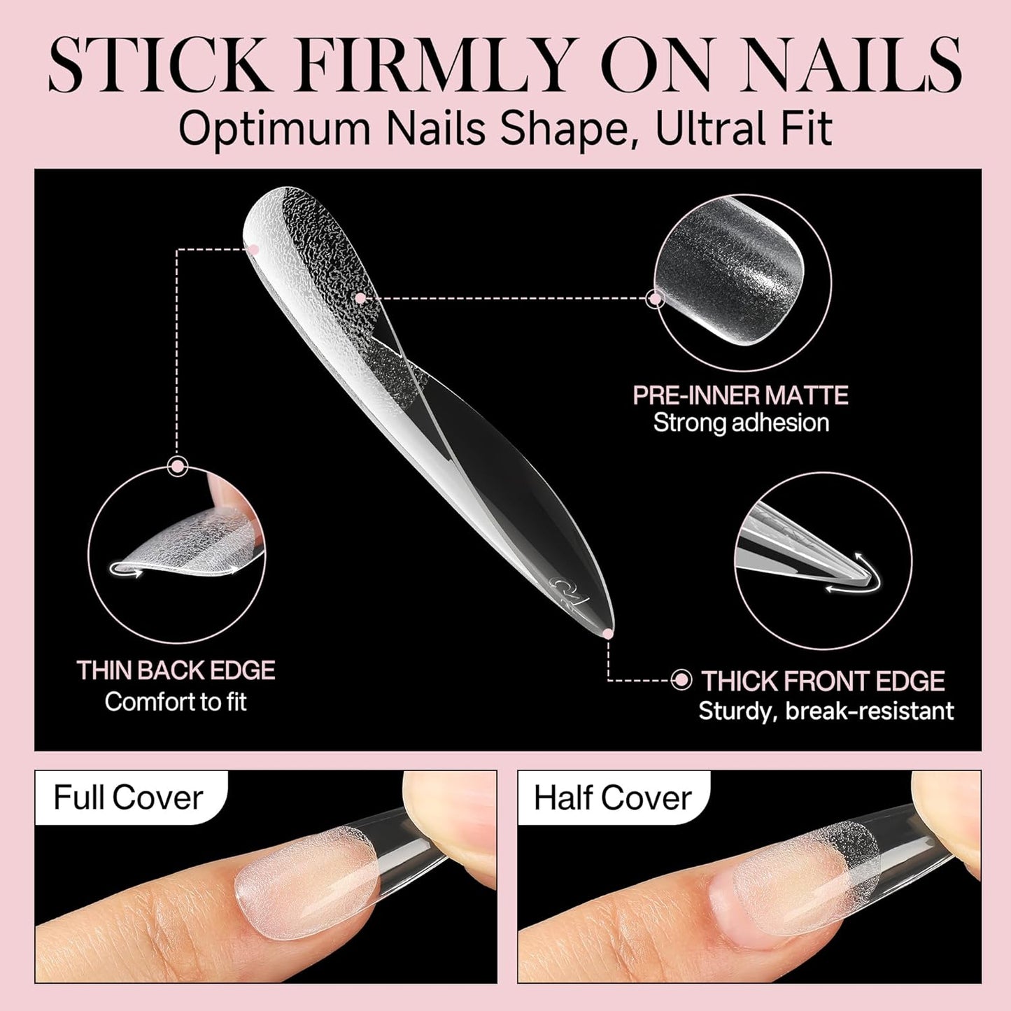 Long Amond Nail Tips: 504pcs Stiletto Gel Nails Tips Half Matte Full Cover Clear False Fake Nails for DIY Nail Art Press On Nails Acrylic Extensions 12 Sizes