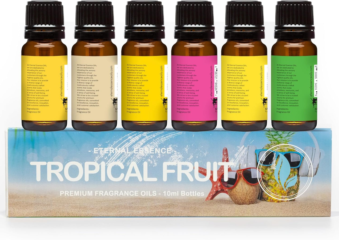 Eternal Essence Oils Tropical Fruit Set of 6 Premium Fragrance Oils - Includes Mango, Coconut Cream, Pineapple, Passion Fruit & Guava, Banana and Portuguese Pomelo Scented Oils - 10ML