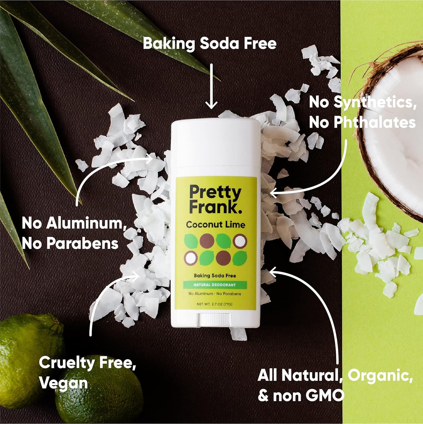 Pretty Frank Natural Aluminum-Free Deodorant Stick, Baking Soda-Free, Coconut Lime (1-Pack) | Sensitive Skin Friendly, Effective Odor Control for Women & Men, Organic Ingredients and Essential Oils