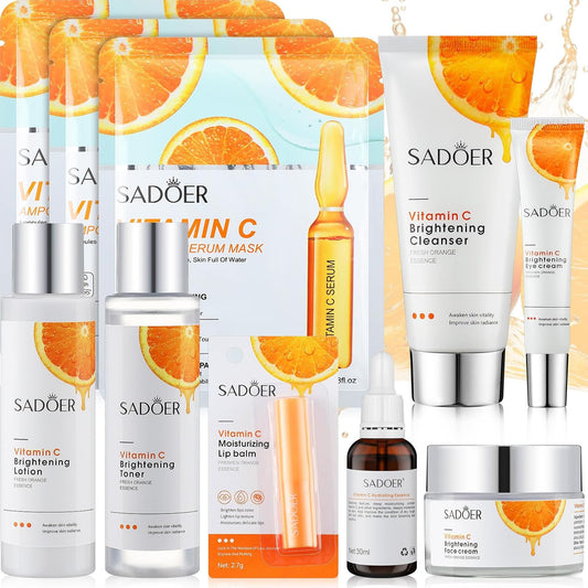 10 Pcs Skin Care Sets Face Care Set for Women Includes 1 Pcs Cleanser, Toner, Lotion, Eye Cream, Serum, Face Cream, Lip Balm and 3 Facial Masks Skincare Gift for Girls (Vitamin C)