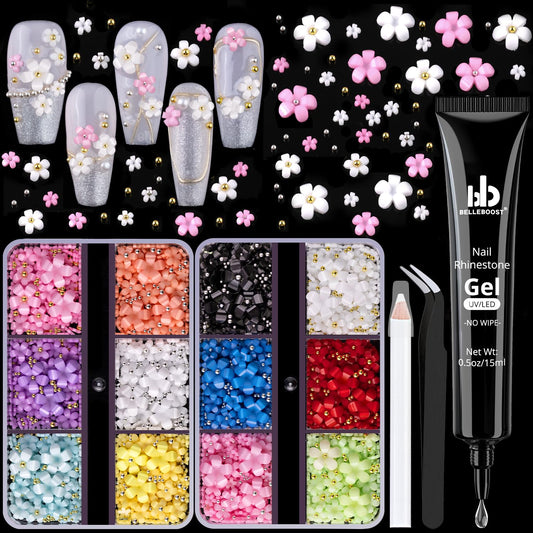 3D Flowers, Manicure Kit with Gel Glue, Colorful Acrylic Flower Nail Charms & Caviar Beads, Rhinestones & Gem Glue (UV/LED Needed) with Pickup & Dotting Tools