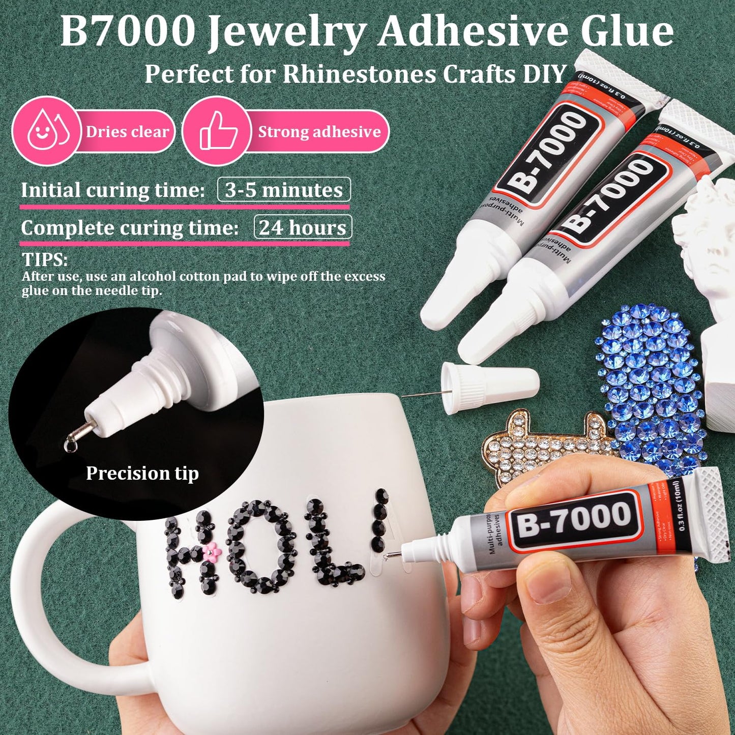 Resin Rhinestones for Bedazzling with B7000 Jewelry Glue, 1 Box Black Flatback Crystals with 3Pcs 10ml Glue for Crafting Crafts，Non Hotfix Gems for Clothing Shoes Nail Art Makeup