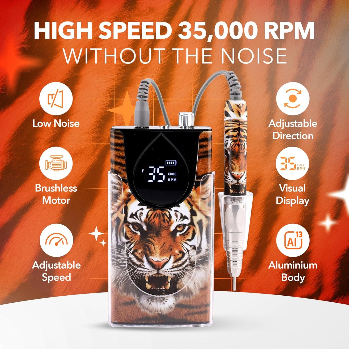 M Max - Nail Drill Professional - 2-in-1 Brushless Motor Nails Drill Machine - Electric, Cordless, Aluminium Alloy Casing, 35000 RPM, HD Display - Perfect for Salon & Home Use Special Edition - Tiger