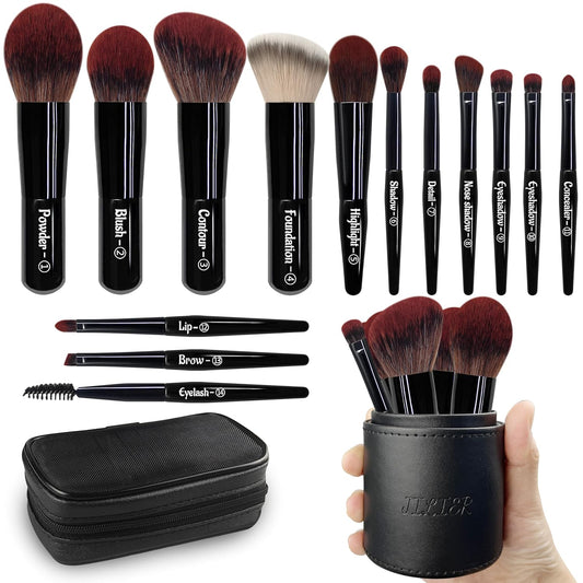 Jilier Travel Makeup Brush Set, 14 pcs Mini Makeup Brushes for Foundation, Powder, Eyeshadow, Highlight, Contour, Blush & Concealer, Small Makeup Brush Set Purse Size with Case (Black)